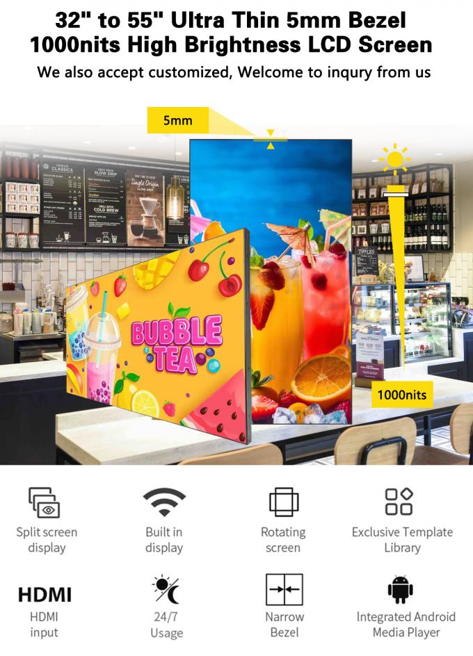 32~55인치 슈퍼 슬림 와이파이 루프 LCD 비디오 월 1000nit 스플라이스 쇼핑몰 웨이파이딩 디지털 사이니지 스크린 월 0