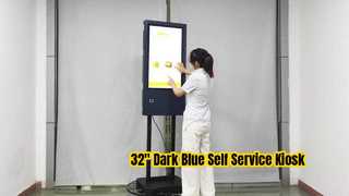 QR 코드 스캐너가 포함된 32인치 진한 파란색 셀프 서비스 키오스크